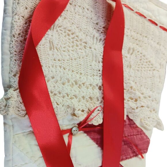 Christmas Stocking Set Vintage Quilt and Lace Two Red Cream Cottage Farmhouse - Picture 4 of 16